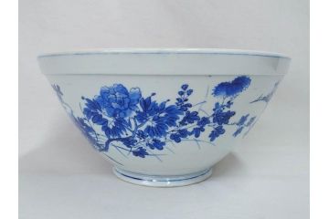 川本半助　瀬戸染付　花鳥文　約38cm　1尺2寸皿　手描きの味わいが魅力的なすり鉢(和食器、一尺二寸)(R-074717)