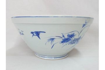 川本半助　瀬戸染付　花鳥文　約38cm　1尺2寸皿　手描きの味わいが魅力的なすり鉢(和食器、一尺二寸)(R-074717)