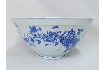 川本半助　瀬戸染付　花鳥文　約38cm　1尺2寸皿　手描きの味わいが魅力的なすり鉢(和食器、一尺二寸)(R-074717)