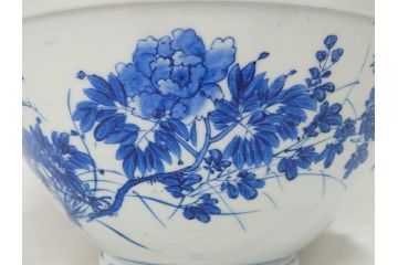 川本半助　瀬戸染付　花鳥文　約38cm　1尺2寸皿　手描きの味わいが魅力的なすり鉢(和食器、一尺二寸)(R-074717)