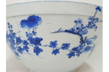 川本半助　瀬戸染付　花鳥文　約38cm　1尺2寸皿　手描きの味わいが魅力的なすり鉢(和食器、一尺二寸)(R-074717)
