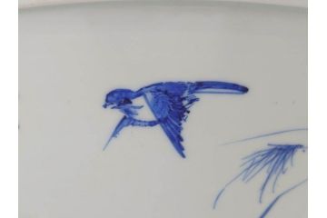 川本半助　瀬戸染付　花鳥文　約38cm　1尺2寸皿　手描きの味わいが魅力的なすり鉢(和食器、一尺二寸)(R-074717)