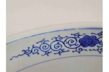 川本半助　瀬戸染付　花鳥文　約38cm　1尺2寸皿　手描きの味わいが魅力的なすり鉢(和食器、一尺二寸)(R-074717)