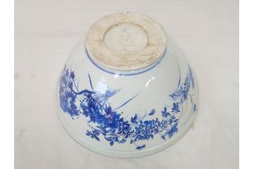 川本半助　瀬戸染付　花鳥文　約38cm　1尺2寸皿　手描きの味わいが魅力的なすり鉢(和食器、一尺二寸)(R-074717)