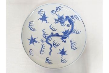 真陶園　川本半助　瀬戸染付　龍　約41cm　1尺3寸皿　職人による丁寧な絵付けに魅了される大皿(和皿、和食器、一尺三寸)(R-074719)