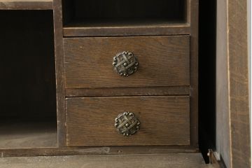 和製ビンテージ　神戸洋家具　オーク材　特徴あるデザインが素敵なライティングビューロー(ワークデスク、簿記机、収納棚、戸棚、在宅用、在宅ワーク用、引き出し、ヴィンテージ)(R-074743)