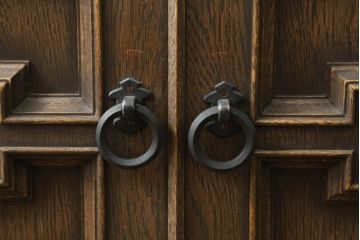 和製ビンテージ　神戸洋家具　オーク材　特徴あるデザインが素敵なライティングビューロー(ワークデスク、簿記机、収納棚、戸棚、在宅用、在宅ワーク用、引き出し、ヴィンテージ)(R-074743)