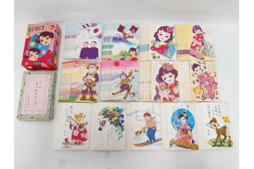 昭和レトロ　新年はがき　新年絵葉書　特製　松盛堂発行　各種取合　88枚&200枚セット(年賀状、ハガキ、箱付き、女の子、男の子、振袖、スキー、凧、動物)(R-074797)