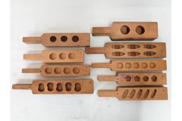 アンティーク雑貨　羽子板型　菓子型9点セット(菓子木型、木製、乱菊、九重菊、うたかた、観世水、舟、撫子、ナデシコ、花)(R-074806)