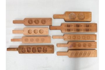 アンティーク雑貨　羽子板型　菓子型9点セット(菓子木型、木製、乱菊、九重菊、うたかた、観世水、舟、撫子、ナデシコ、花)(R-074806)
