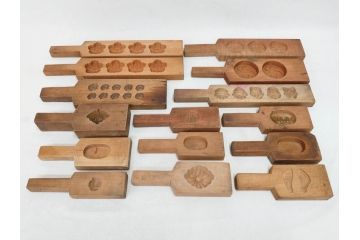 アンティーク雑貨　羽子板型　菓子型15点セット(菓子木型、木製、大黒天、ひょっとこ、おかめ、鬼、牡丹、菊菱)(R-074807)