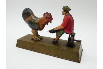 ジャンク品　戦前　ブリキのおもちゃ　鶏にエサをあげる少年　東洋堂　日本製(ゼンマイ式玩具、にわとり、ニワトリ、鳥、当時物)(R-074812)