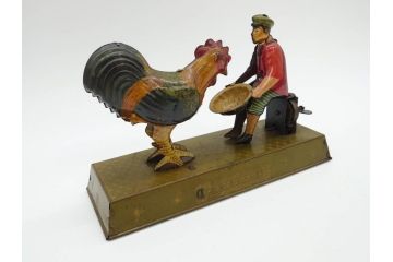 ジャンク品　戦前　ブリキのおもちゃ　鶏にエサをあげる少年　東洋堂　日本製(ゼンマイ式玩具、にわとり、ニワトリ、鳥、当時物)(R-074812)