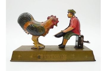 ジャンク品　戦前　ブリキのおもちゃ　鶏にエサをあげる少年　東洋堂　日本製(ゼンマイ式玩具、にわとり、ニワトリ、鳥、当時物)(R-074812)