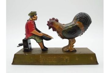 ジャンク品　戦前　ブリキのおもちゃ　鶏にエサをあげる少年　東洋堂　日本製(ゼンマイ式玩具、にわとり、ニワトリ、鳥、当時物)(R-074812)