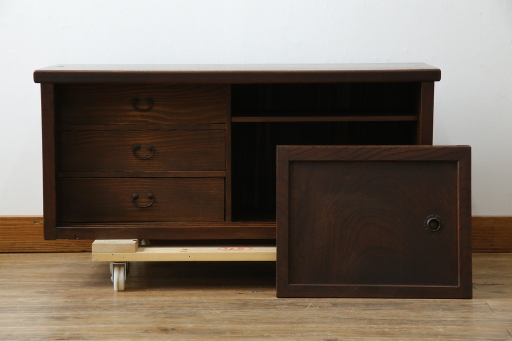 和製アンティーク　三方欅(ケヤキ)材　引き出し付きのシンプルなローボード　(R-074848)