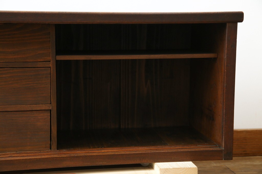 和製アンティーク　三方欅(ケヤキ)材　引き出し付きのシンプルなローボード　(R-074848)