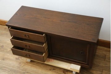 和製アンティーク　三方欅(ケヤキ)材　引き出し付きのシンプルなローボード　(R-074848)