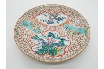 明治　九谷　花鳥風景　窓絵　唐草図　角福　中皿&小皿&ぐい呑み&そば猪口2客　丁寧に描かれた色絵が素敵な5点セット(蕎麦猪口、酒器、おちょこ、湯呑み、湯のみ、和皿、和食器)(R-074879)