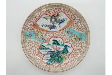 明治　九谷　花鳥風景　窓絵　唐草図　角福　中皿&小皿&ぐい呑み&そば猪口2客　丁寧に描かれた色絵が素敵な5点セット(蕎麦猪口、酒器、おちょこ、湯呑み、湯のみ、和皿、和食器)(R-074879)