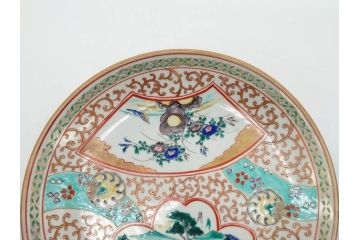明治　九谷　花鳥風景　窓絵　唐草図　角福　中皿&小皿&ぐい呑み&そば猪口2客　丁寧に描かれた色絵が素敵な5点セット(蕎麦猪口、酒器、おちょこ、湯呑み、湯のみ、和皿、和食器)(R-074879)