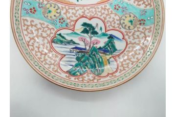 明治　九谷　花鳥風景　窓絵　唐草図　角福　中皿&小皿&ぐい呑み&そば猪口2客　丁寧に描かれた色絵が素敵な5点セット(蕎麦猪口、酒器、おちょこ、湯呑み、湯のみ、和皿、和食器)(R-074879)