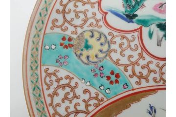明治　九谷　花鳥風景　窓絵　唐草図　角福　中皿&小皿&ぐい呑み&そば猪口2客　丁寧に描かれた色絵が素敵な5点セット(蕎麦猪口、酒器、おちょこ、湯呑み、湯のみ、和皿、和食器)(R-074879)