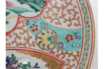 明治　九谷　花鳥風景　窓絵　唐草図　角福　中皿&小皿&ぐい呑み&そば猪口2客　丁寧に描かれた色絵が素敵な5点セット(蕎麦猪口、酒器、おちょこ、湯呑み、湯のみ、和皿、和食器)(R-074879)