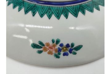 明治　九谷　花鳥風景　窓絵　唐草図　角福　中皿&小皿&ぐい呑み&そば猪口2客　丁寧に描かれた色絵が素敵な5点セット(蕎麦猪口、酒器、おちょこ、湯呑み、湯のみ、和皿、和食器)(R-074879)