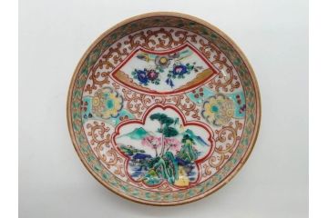 明治　九谷　花鳥風景　窓絵　唐草図　角福　中皿&小皿&ぐい呑み&そば猪口2客　丁寧に描かれた色絵が素敵な5点セット(蕎麦猪口、酒器、おちょこ、湯呑み、湯のみ、和皿、和食器)(R-074879)