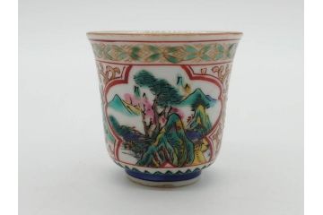 明治　九谷　花鳥風景　窓絵　唐草図　角福　中皿&小皿&ぐい呑み&そば猪口2客　丁寧に描かれた色絵が素敵な5点セット(蕎麦猪口、酒器、おちょこ、湯呑み、湯のみ、和皿、和食器)(R-074879)