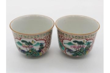 明治　九谷　花鳥風景　窓絵　唐草図　角福　中皿&小皿&ぐい呑み&そば猪口2客　丁寧に描かれた色絵が素敵な5点セット(蕎麦猪口、酒器、おちょこ、湯呑み、湯のみ、和皿、和食器)(R-074879)