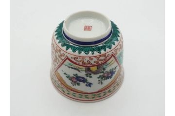 明治　九谷　花鳥風景　窓絵　唐草図　角福　中皿&小皿&ぐい呑み&そば猪口2客　丁寧に描かれた色絵が素敵な5点セット(蕎麦猪口、酒器、おちょこ、湯呑み、湯のみ、和皿、和食器)(R-074879)
