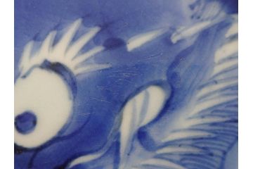 江戸期　古伊万里　染付　龍図　約32cm　1尺皿　藍色の濃淡で表現された迫力のある大皿(輪花、和皿、和食器、一尺)(R-074988)