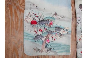 明治期　アンティーク　縮緬(ちりめん)　着物　刺繍　鶴亀文様　松竹梅　丸に抱き茗荷紋(古布、リメイク、衣装、振袖、大正ロマン、レトロ、Japanese KIMONO)(R-074990)