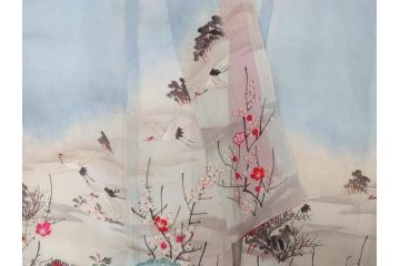 明治期　アンティーク　縮緬(ちりめん)　着物　刺繍　鶴亀文様　松竹梅　丸に抱き茗荷紋(古布、リメイク、衣装、振袖、大正ロマン、レトロ、Japanese KIMONO)(R-074990)