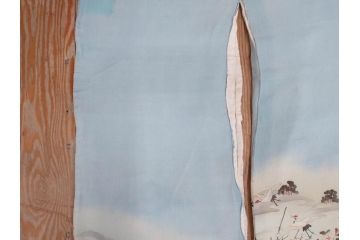 明治期　アンティーク　縮緬(ちりめん)　着物　刺繍　鶴亀文様　松竹梅　丸に抱き茗荷紋(古布、リメイク、衣装、振袖、大正ロマン、レトロ、Japanese KIMONO)(R-074990)