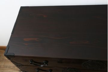 和製アンティーク　超美品!!　専門店にてフルリペア済み!!　前面欅(ケヤキ)材　希少な七福神金具が魅力の木地呂塗り仙台箪笥(時代箪笥、整理タンス、収納たんす、引き出し)(R-075045)