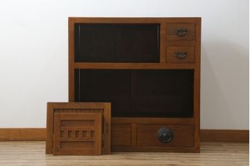 和製ビンテージ　美品!!　楡(ニレ)材　希少な両面使い　美しい木目と品のある佇まいが魅力の水屋箪笥(収納棚、戸棚、食器棚、ビンテージ)(R-075074)