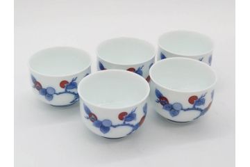 重要無形文化財　人間国宝　十四代　酒井田柿右衛門　染錦　柿文　和の雰囲気溢れる湯呑み5客セット(湯のみ、煎茶道具、和食器、共箱付き)(R-075111)