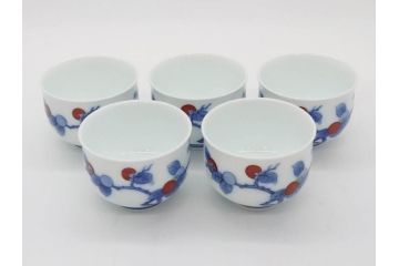 重要無形文化財　人間国宝　十四代　酒井田柿右衛門　染錦　柿文　和の雰囲気溢れる湯呑み5客セット(湯のみ、煎茶道具、和食器、共箱付き)(R-075111)