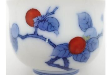 重要無形文化財　人間国宝　十四代　酒井田柿右衛門　染錦　柿文　和の雰囲気溢れる湯呑み5客セット(湯のみ、煎茶道具、和食器、共箱付き)(R-075111)