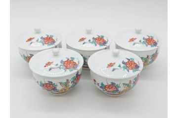 重要無形文化財　人間国宝　十四代　酒井田柿右衛門　錦　牡丹鳥文　上品な和の空間を演出する茶器セット(土瓶、急須、湯呑み5客、湯のみ茶碗、蓋付、茶道具、和食器、色絵、共箱付き)(R-075121)