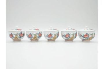 重要無形文化財　人間国宝　十四代　酒井田柿右衛門　錦　牡丹鳥文　上品な和の空間を演出する茶器セット(土瓶、急須、湯呑み5客、湯のみ茶碗、蓋付、茶道具、和食器、色絵、共箱付き)(R-075121)