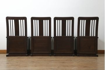 中古　広島県　博永家具　キャスター付き　シックな色合いが魅力的な収納付き板座チェア4脚セット(ダイニングチェア、椅子、イス)(定価4脚で約48万円)(R-075181)