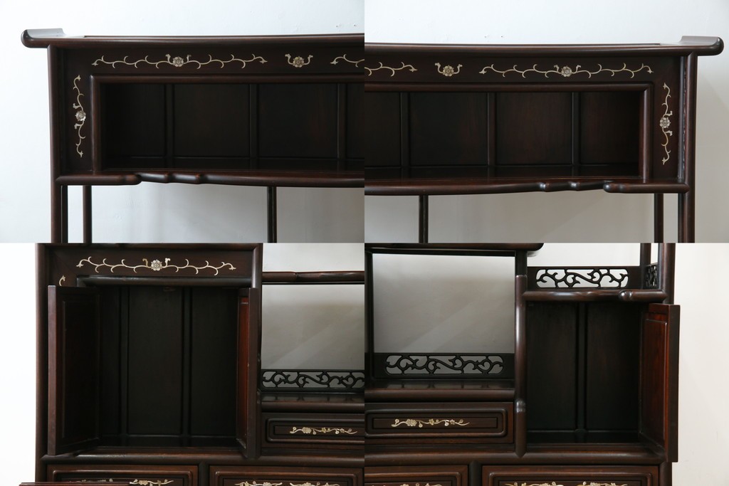 和製ヴィンテージ　花梨(カリン)材　象嵌入り　品の良い螺鈿(ラデン)が美しい飾り棚　(R-075191)