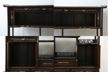 和製ヴィンテージ　花梨(カリン)材　象嵌入り　品の良い螺鈿(ラデン)が美しい飾り棚　(R-075191)