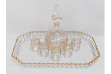 極希少　フランス　1900年代　オールドサンルイ　タルマ　TALMA　金彩　繊細なデザインが上品な雰囲気を醸し出すリキュールセット(ヨーロッパ最古のクリスタルガラスメーカー、Saint Louis、デカンタ、デキャンタ、カラフェ、グラス5客、アンティーク、トレー、トレイ、木箱付き)(検索ワード:オールドバカラ)(R-075224)