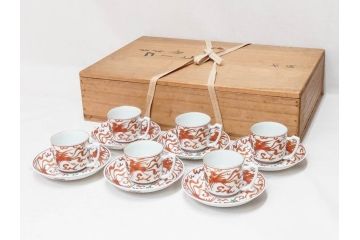 希少　永楽善五郎　色鮮やかな古赤絵が優美な存在感を放つコーヒーカップ&ソーサー6客セット(コーヒー呑、珈琲、和食器、共箱付き)(R-075225)