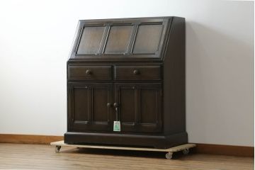 中古　美品　希少モデル　ERCOL(アーコール)　エルム材　クラシカルな佇まいで落ち着いた雰囲気を醸し出すライティングビューロー(ワークデスク、簿記机、収納棚、戸棚、在宅用、在宅ワーク用)(R-075298)